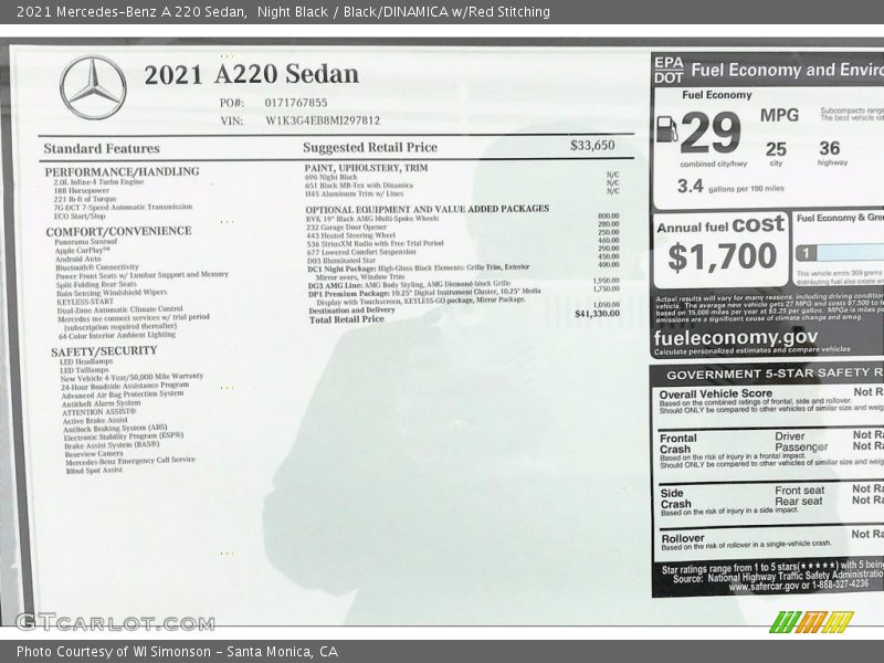  2021 A 220 Sedan Window Sticker