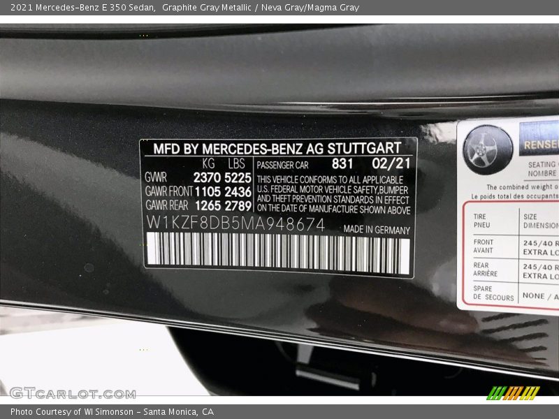 Graphite Gray Metallic / Neva Gray/Magma Gray 2021 Mercedes-Benz E 350 Sedan