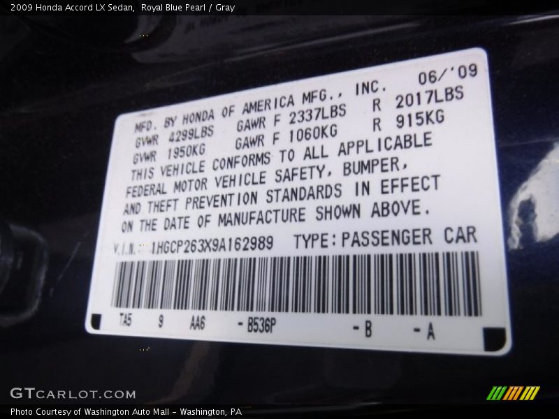 Royal Blue Pearl / Gray 2009 Honda Accord LX Sedan