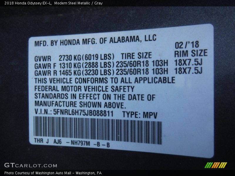 Modern Steel Metallic / Gray 2018 Honda Odyssey EX-L