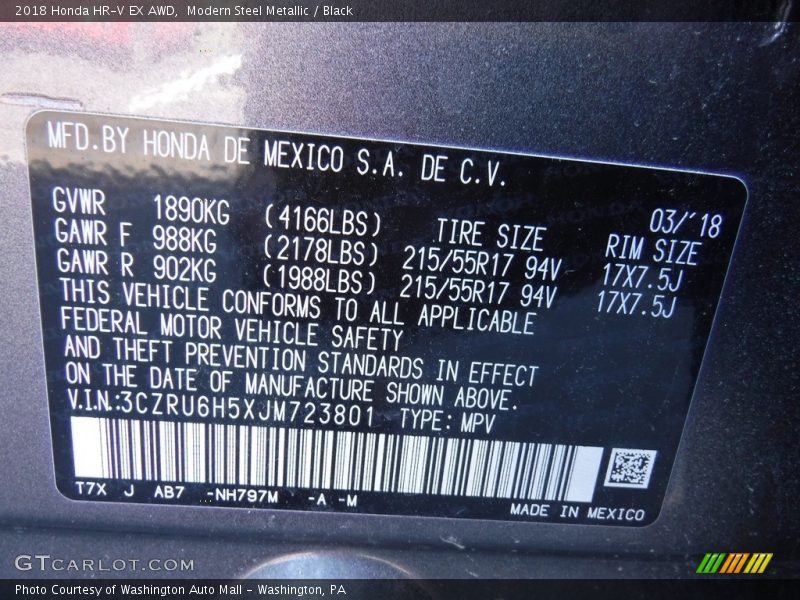 2018 HR-V EX AWD Modern Steel Metallic Color Code NH797M