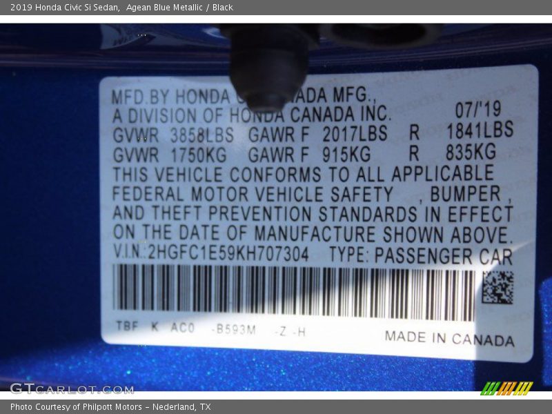 Agean Blue Metallic / Black 2019 Honda Civic Si Sedan
