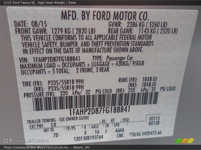 Ingot Silver Metallic / Dune 2015 Ford Taurus SE