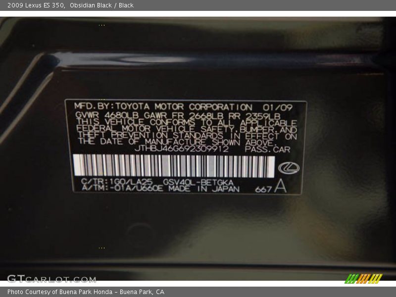 Obsidian Black / Black 2009 Lexus ES 350