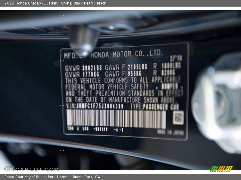 Crystal Black Pearl / Black 2018 Honda Civic EX-L Sedan