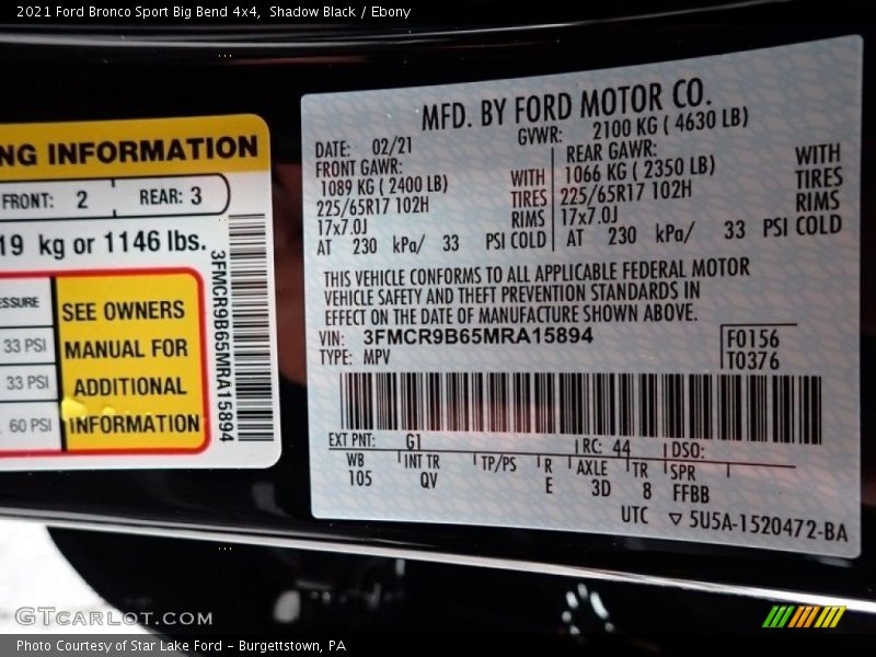 2021 Bronco Sport Big Bend 4x4 Shadow Black Color Code G1