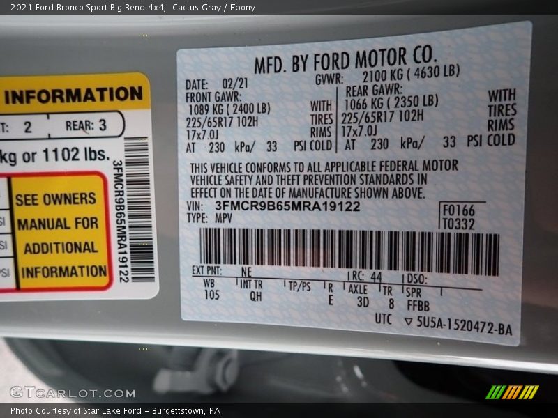 2021 Bronco Sport Big Bend 4x4 Cactus Gray Color Code NE