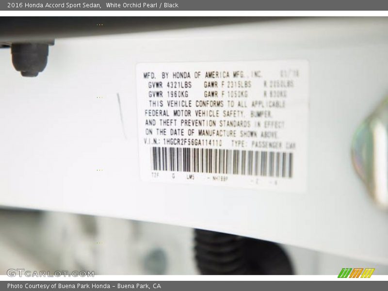 White Orchid Pearl / Black 2016 Honda Accord Sport Sedan