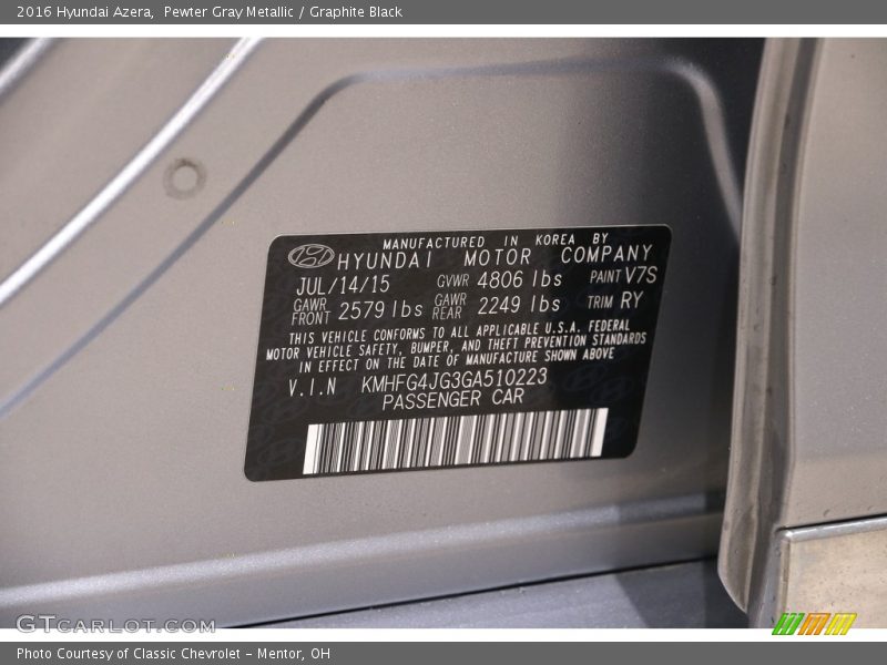 2016 Azera  Pewter Gray Metallic Color Code V7S