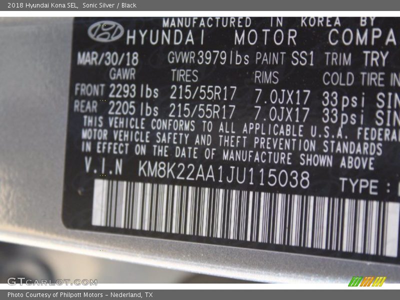 Sonic Silver / Black 2018 Hyundai Kona SEL