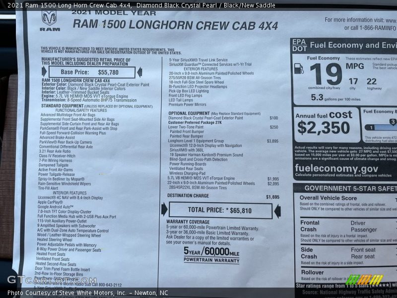  2021 1500 Long Horn Crew Cab 4x4 Window Sticker