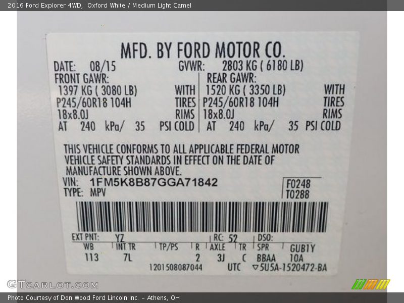 Oxford White / Medium Light Camel 2016 Ford Explorer 4WD