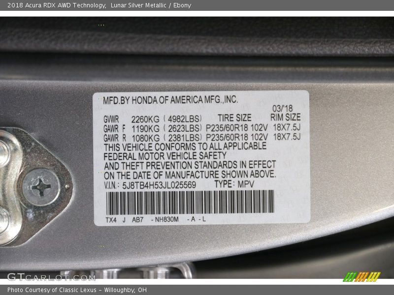 2018 RDX AWD Technology Lunar Silver Metallic Color Code NH830M