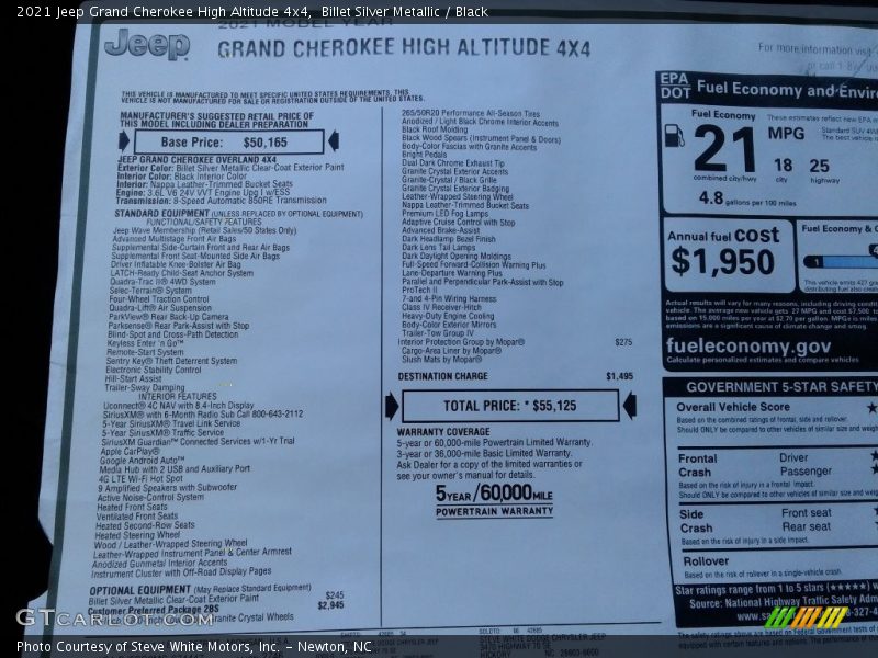  2021 Grand Cherokee High Altitude 4x4 Window Sticker