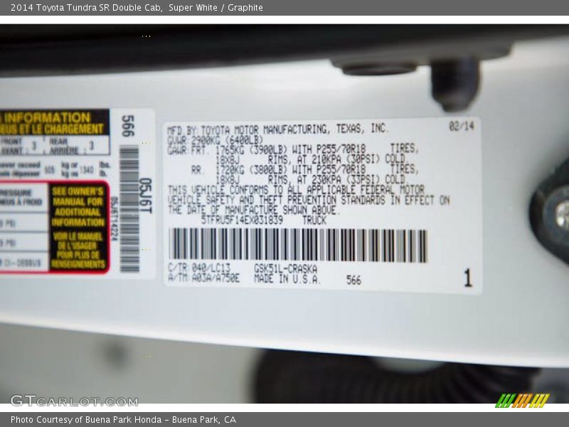 2014 Tundra SR Double Cab Super White Color Code 040