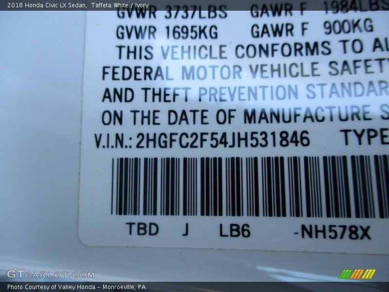 Taffeta White / Ivory 2018 Honda Civic LX Sedan