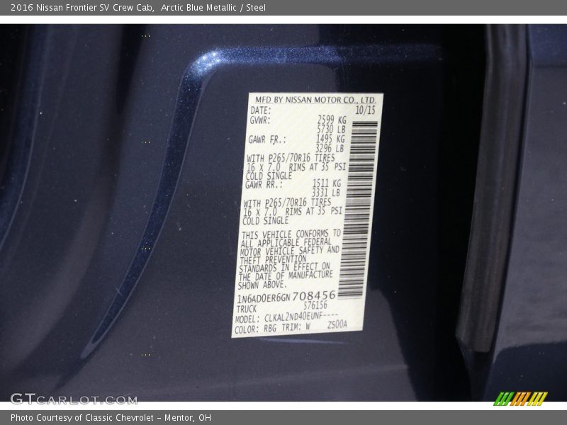 2016 Frontier SV Crew Cab Arctic Blue Metallic Color Code RGB