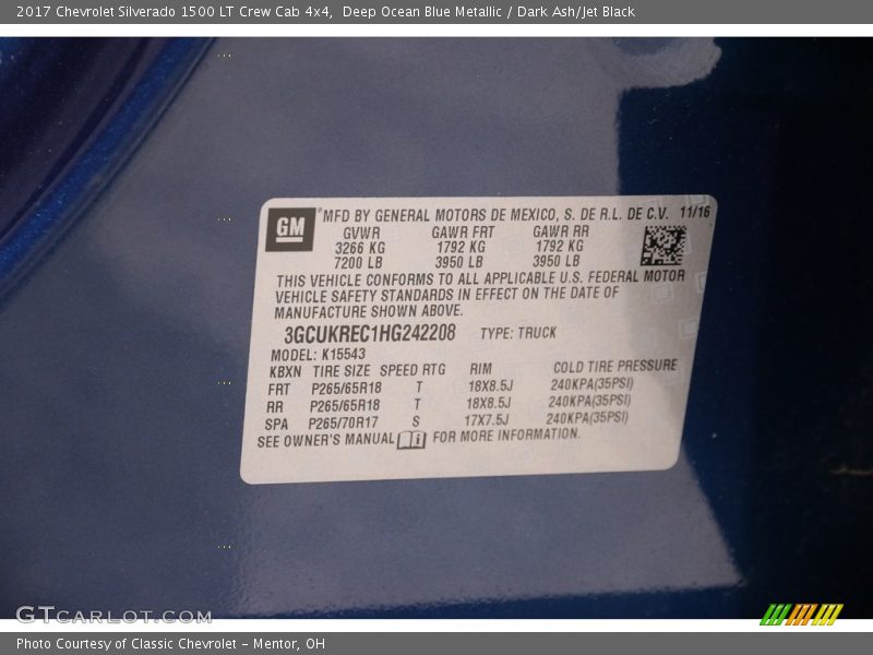 Deep Ocean Blue Metallic / Dark Ash/Jet Black 2017 Chevrolet Silverado 1500 LT Crew Cab 4x4