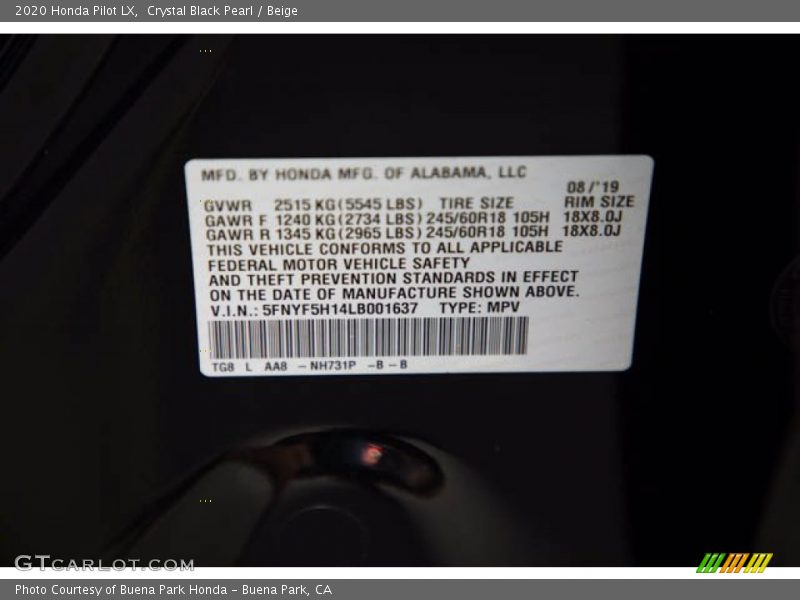 Crystal Black Pearl / Beige 2020 Honda Pilot LX