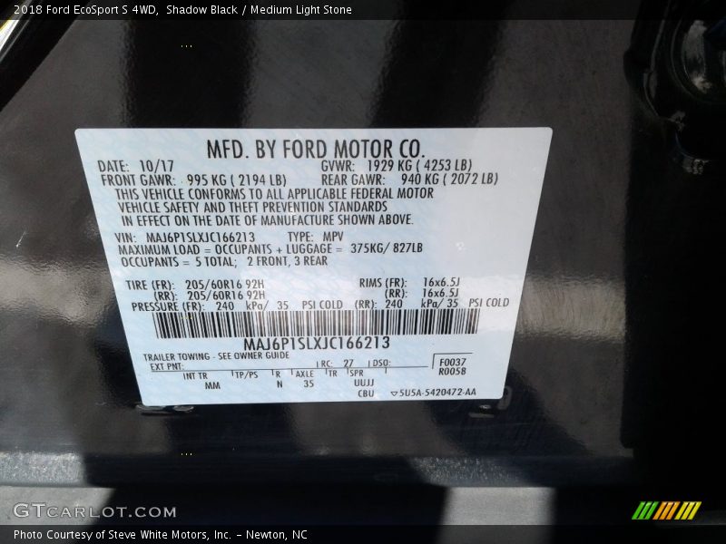 Shadow Black / Medium Light Stone 2018 Ford EcoSport S 4WD