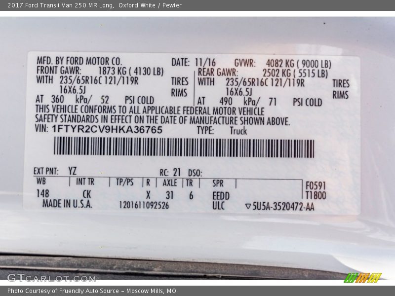 2017 Transit Van 250 MR Long Oxford White Color Code YZ