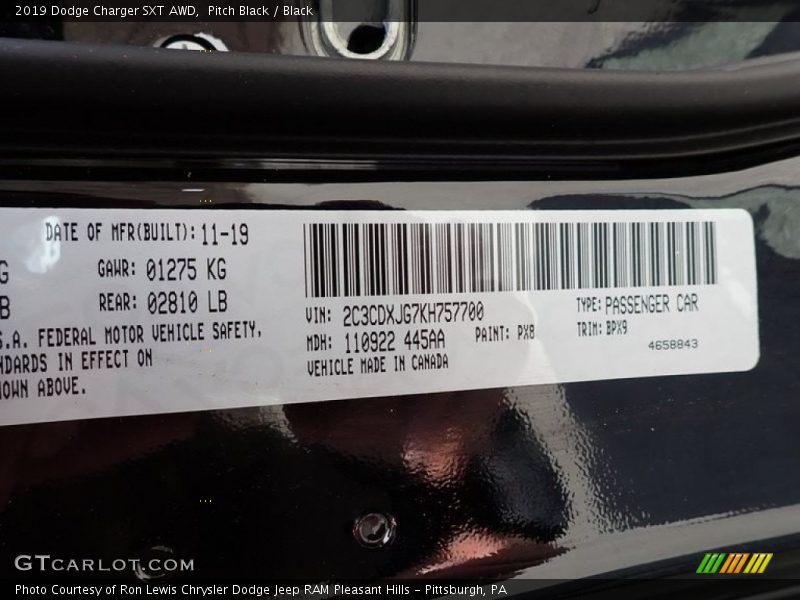 Pitch Black / Black 2019 Dodge Charger SXT AWD