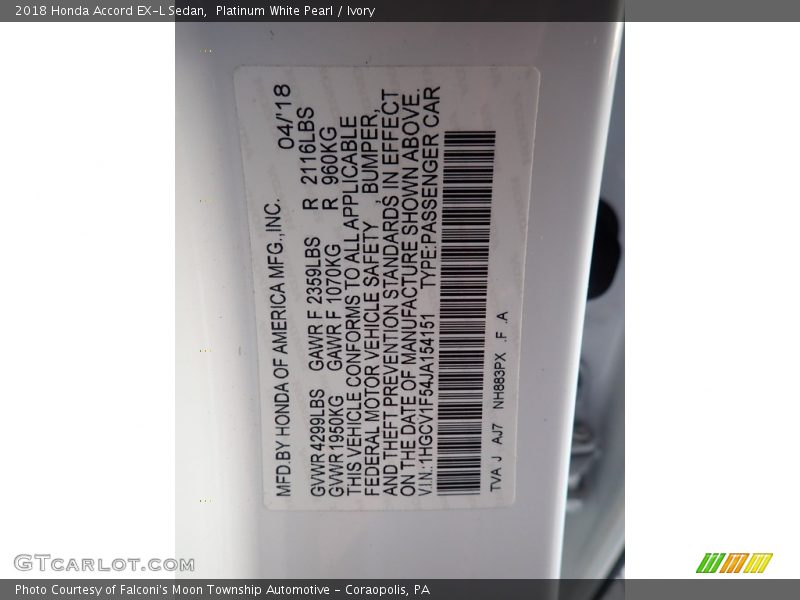 Platinum White Pearl / Ivory 2018 Honda Accord EX-L Sedan