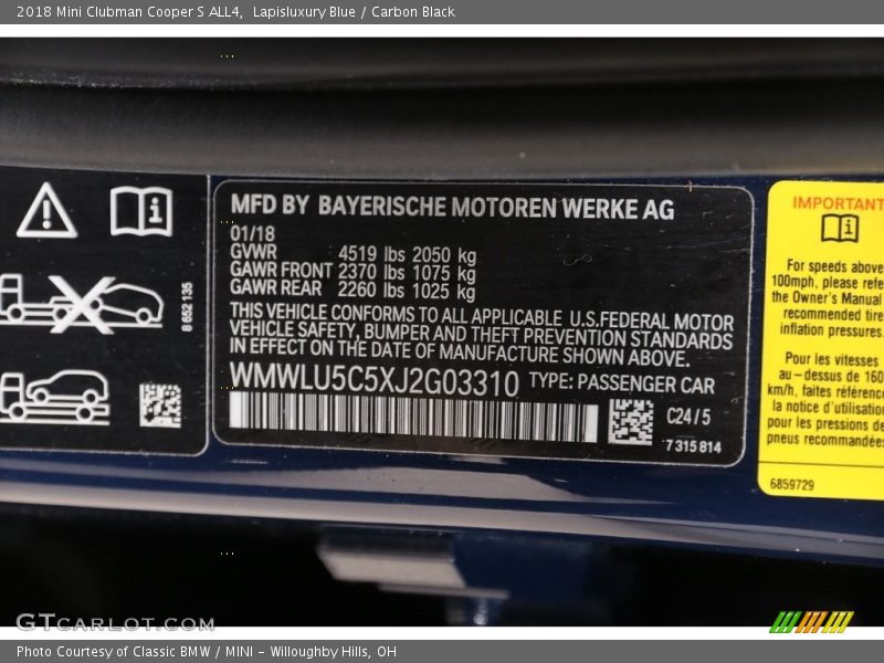 2018 Clubman Cooper S ALL4 Lapisluxury Blue Color Code C24