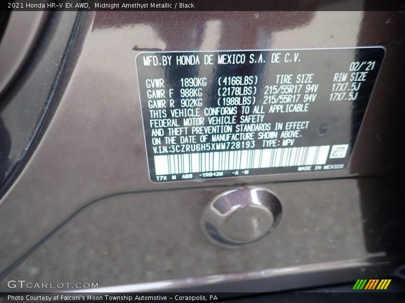 2021 HR-V EX AWD Midnight Amethyst Metallic Color Code YR642M