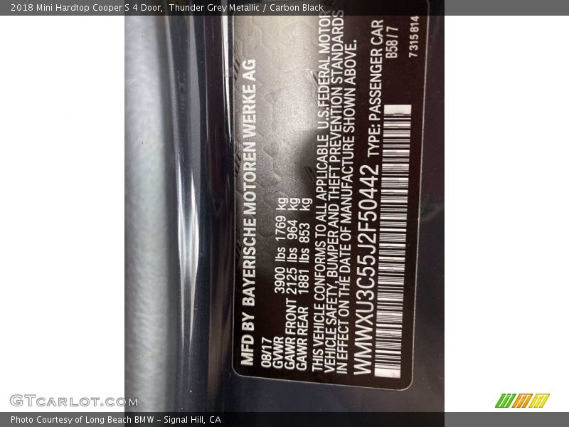 Thunder Grey Metallic / Carbon Black 2018 Mini Hardtop Cooper S 4 Door