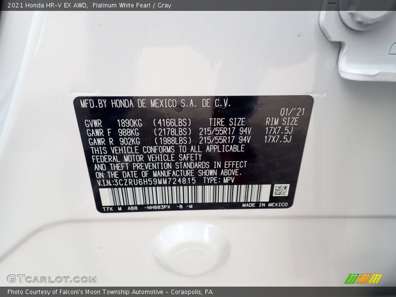 Platinum White Pearl / Gray 2021 Honda HR-V EX AWD
