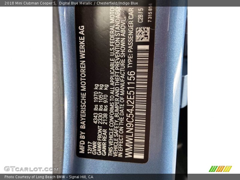 Digital Blue Metallic / Chesterfield/Indigo Blue 2018 Mini Clubman Cooper S
