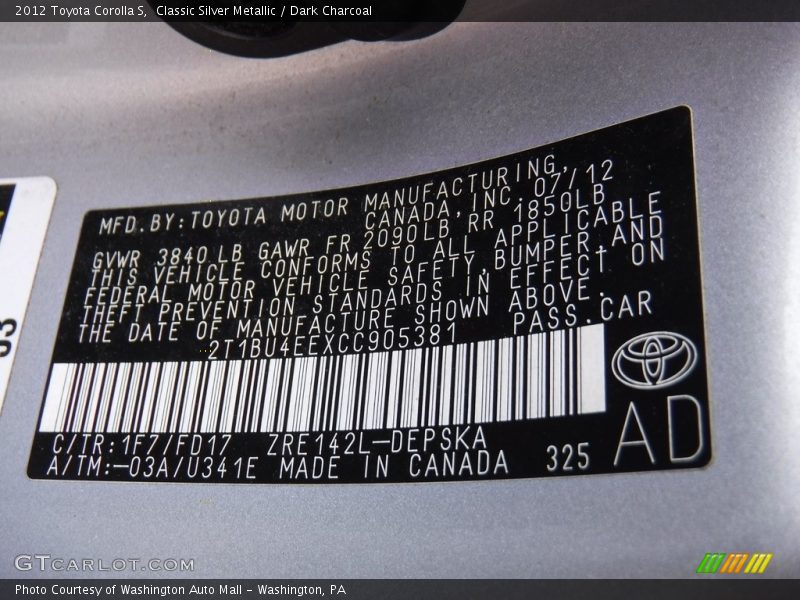 Classic Silver Metallic / Dark Charcoal 2012 Toyota Corolla S