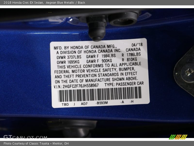 Aegean Blue Metallic / Black 2018 Honda Civic EX Sedan