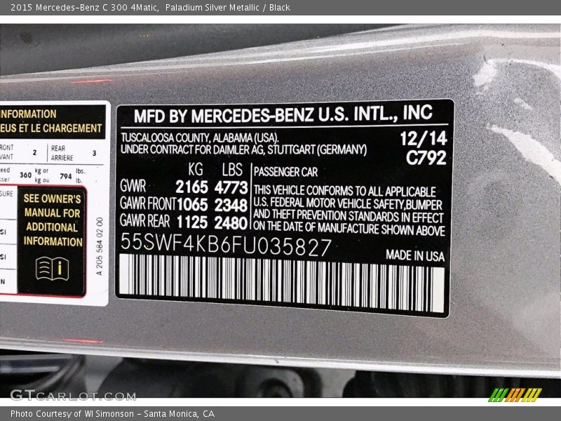 Paladium Silver Metallic / Black 2015 Mercedes-Benz C 300 4Matic