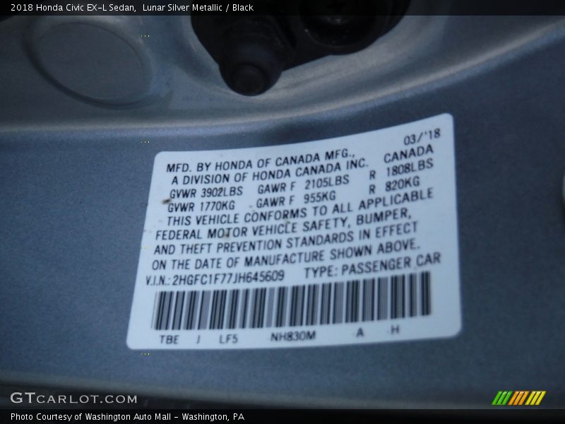 Lunar Silver Metallic / Black 2018 Honda Civic EX-L Sedan