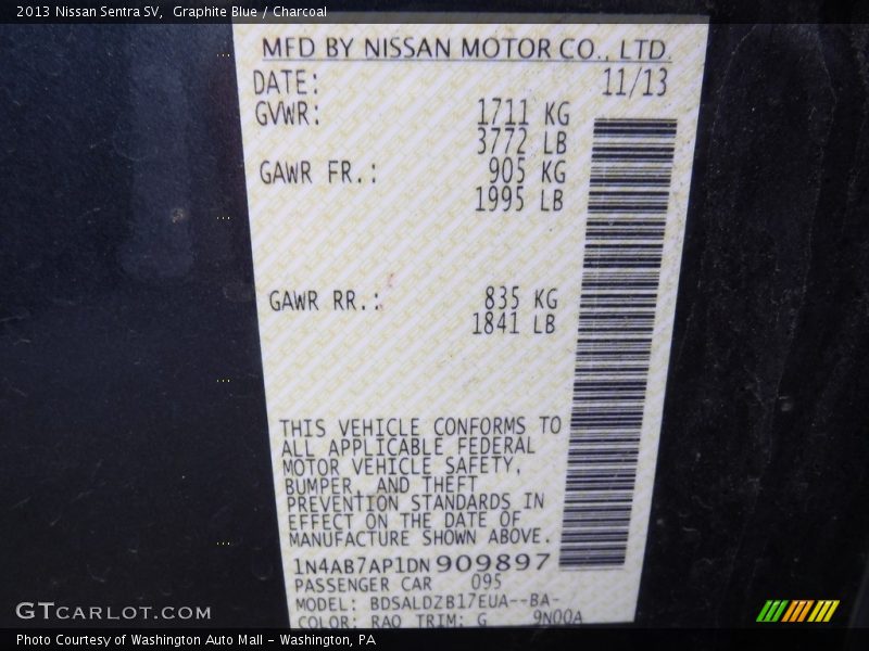 2013 Sentra SV Graphite Blue Color Code RAQ