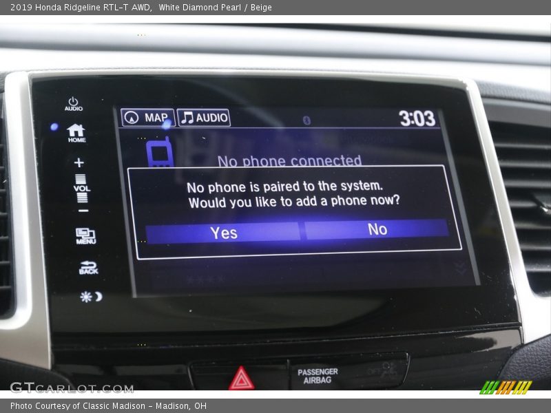 White Diamond Pearl / Beige 2019 Honda Ridgeline RTL-T AWD