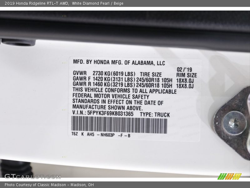 White Diamond Pearl / Beige 2019 Honda Ridgeline RTL-T AWD