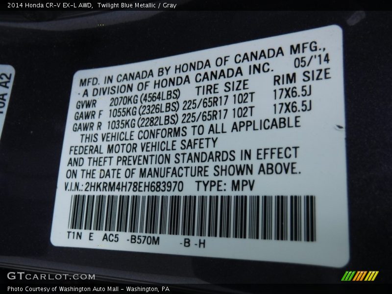 Twilight Blue Metallic / Gray 2014 Honda CR-V EX-L AWD