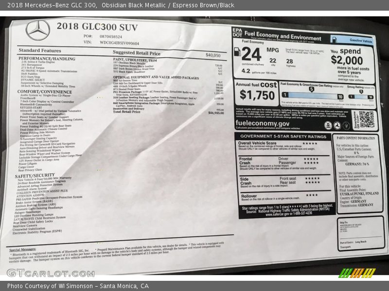  2018 GLC 300 Window Sticker
