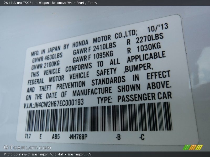 2014 TSX Sport Wagon Bellanova White Pearl Color Code NH788P