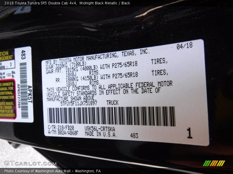 Midnight Black Metallic / Black 2018 Toyota Tundra SR5 Double Cab 4x4