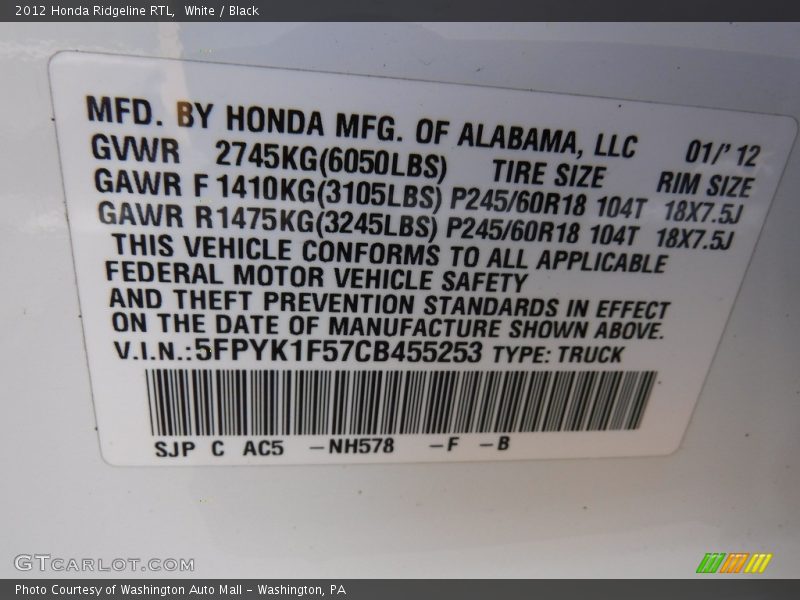 White / Black 2012 Honda Ridgeline RTL