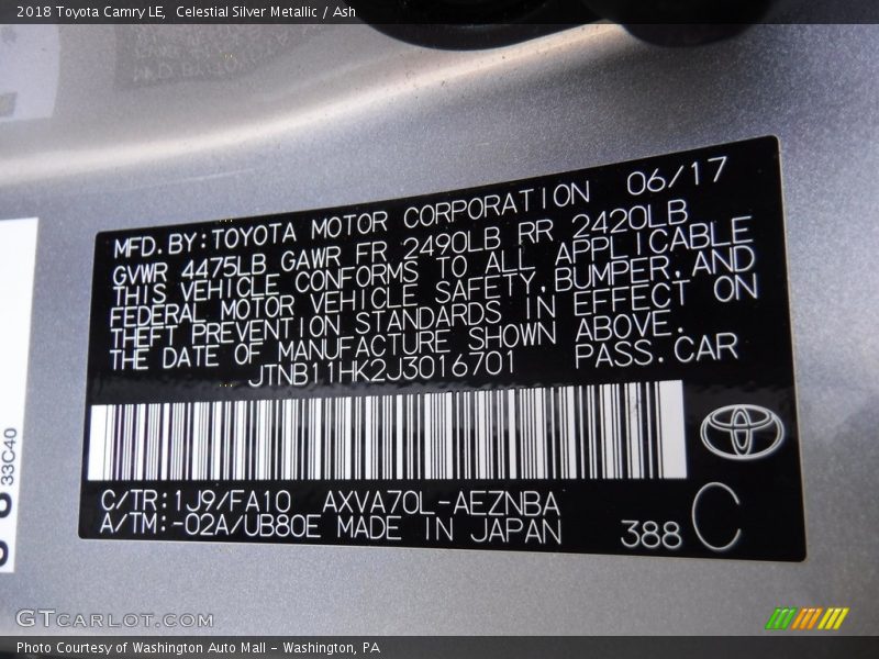 Celestial Silver Metallic / Ash 2018 Toyota Camry LE