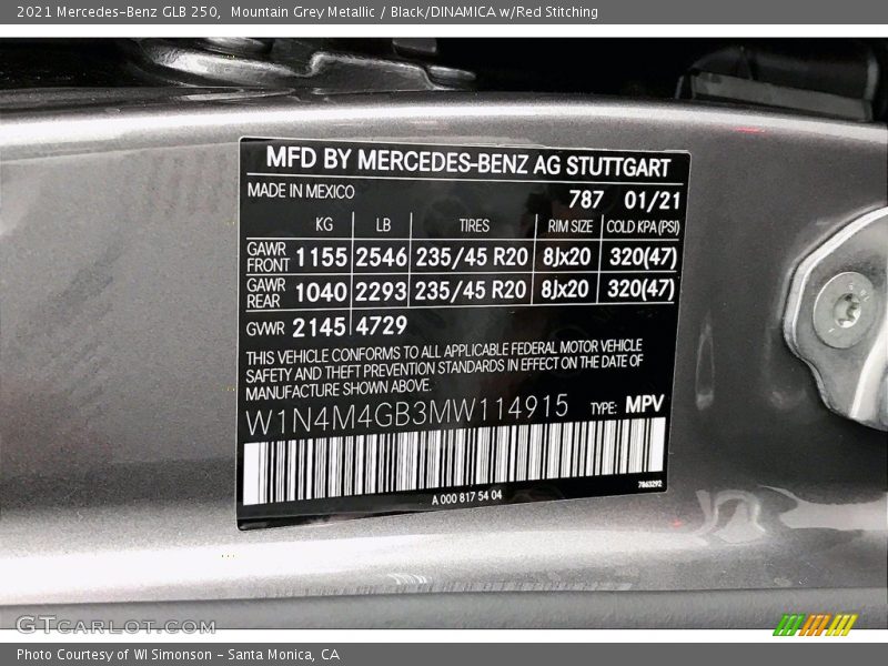 Mountain Grey Metallic / Black/DINAMICA w/Red Stitching 2021 Mercedes-Benz GLB 250