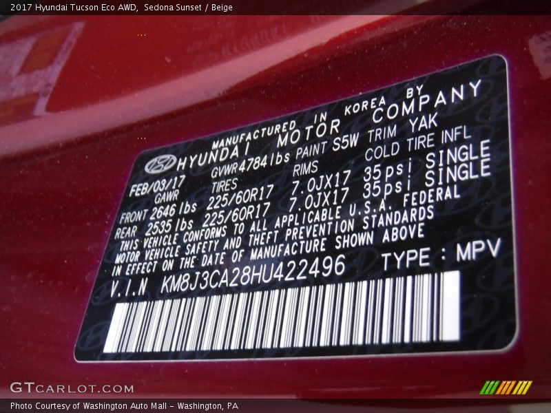 Sedona Sunset / Beige 2017 Hyundai Tucson Eco AWD
