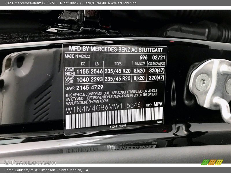 Night Black / Black/DINAMICA w/Red Stitching 2021 Mercedes-Benz GLB 250