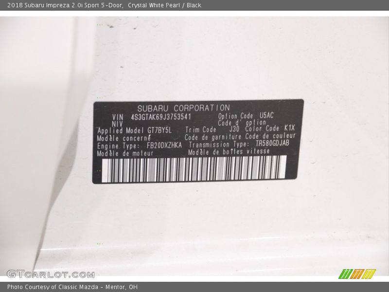Crystal White Pearl / Black 2018 Subaru Impreza 2.0i Sport 5-Door