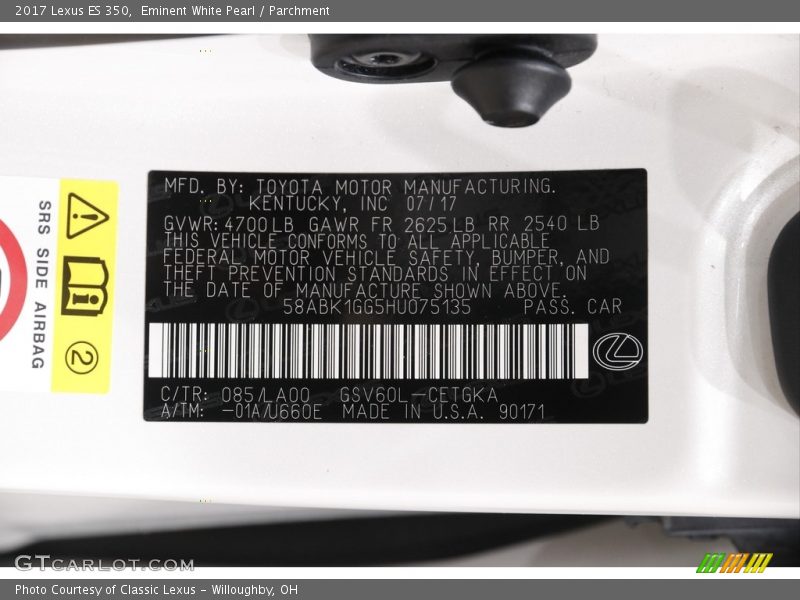 2017 ES 350 Eminent White Pearl Color Code 085